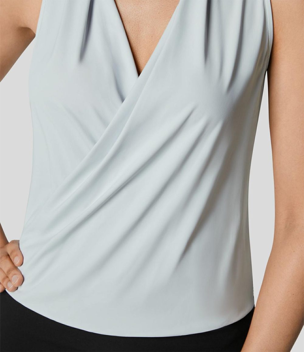 Crossover V Neck Plicated Sleeveless Cool Touch Work Tank Top-UPF50+  | Womens  T-Shirts Clothing Blue Blush/Black