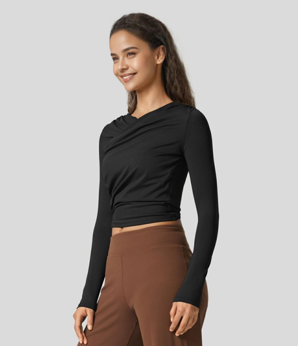 Crossover V Neck Ruched Slim Casual Sports Top  | Womens  Sports Tops Clothing Black/Capulet Olive