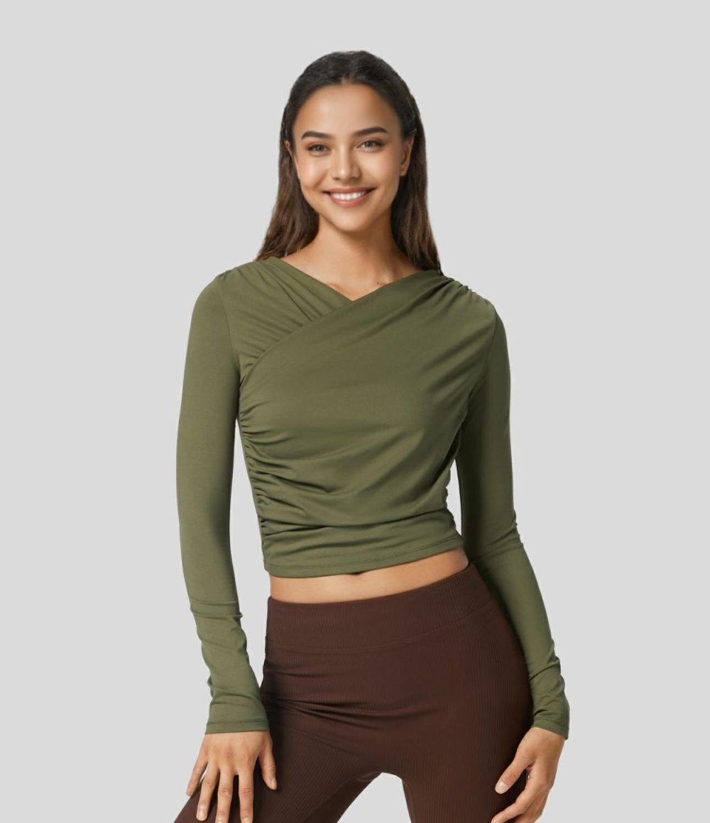 Crossover V Neck Ruched Slim Casual Sports Top  | Womens  Sports Tops Clothing Black/Capulet Olive