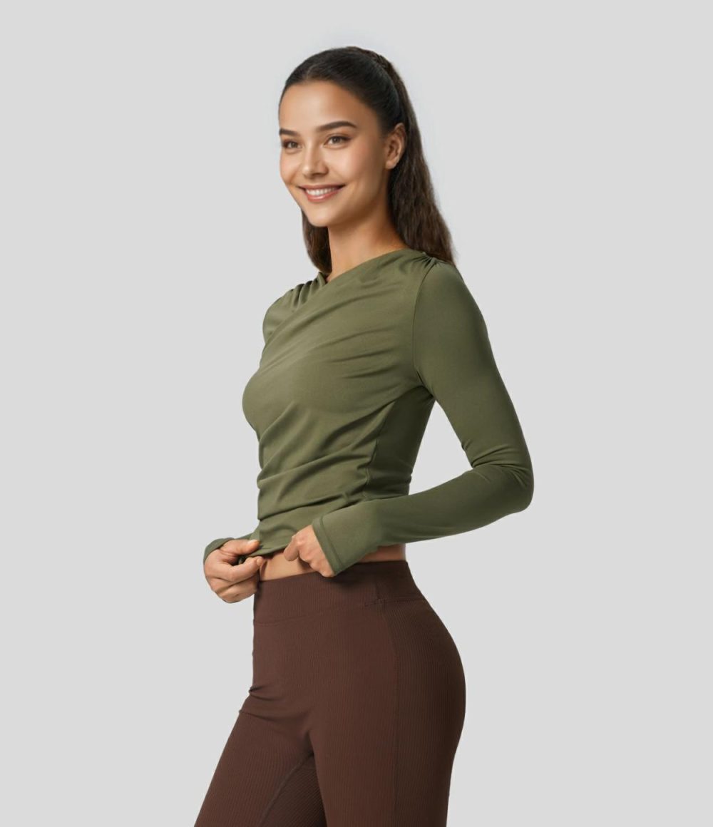 Crossover V Neck Ruched Slim Casual Sports Top  | Womens  Sports Tops Clothing Black/Capulet Olive