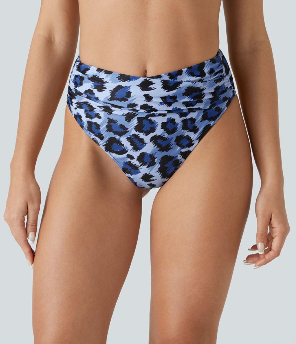 Crossover Waist Ruched Leopard Print Bikini Bottom Swimsuit  | Womens  Swimwear Bottoms Clothing Ash Blue Leopard/Black