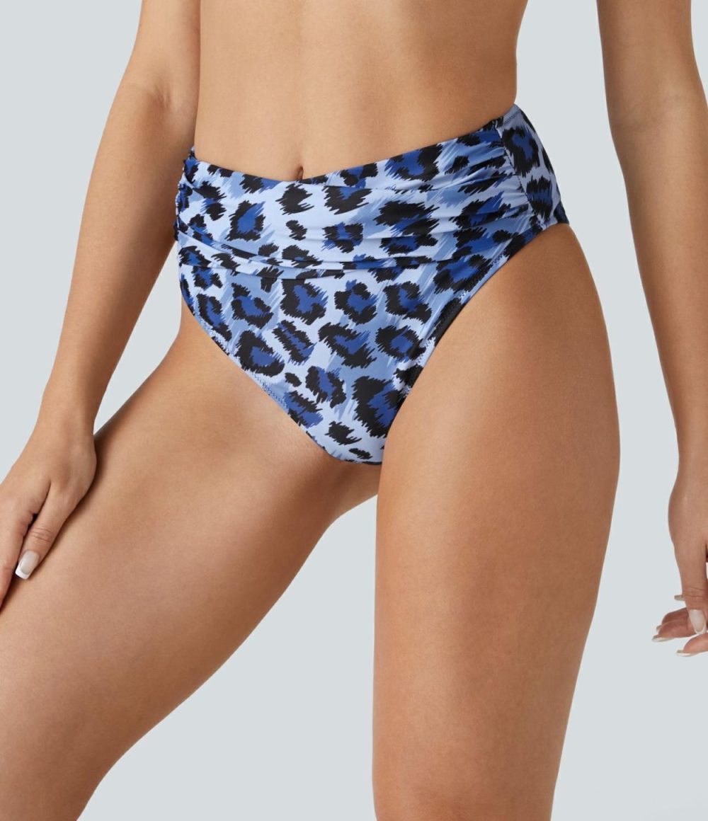 Crossover Waist Ruched Leopard Print Bikini Bottom Swimsuit  | Womens  Swimwear Bottoms Clothing Ash Blue Leopard/Black