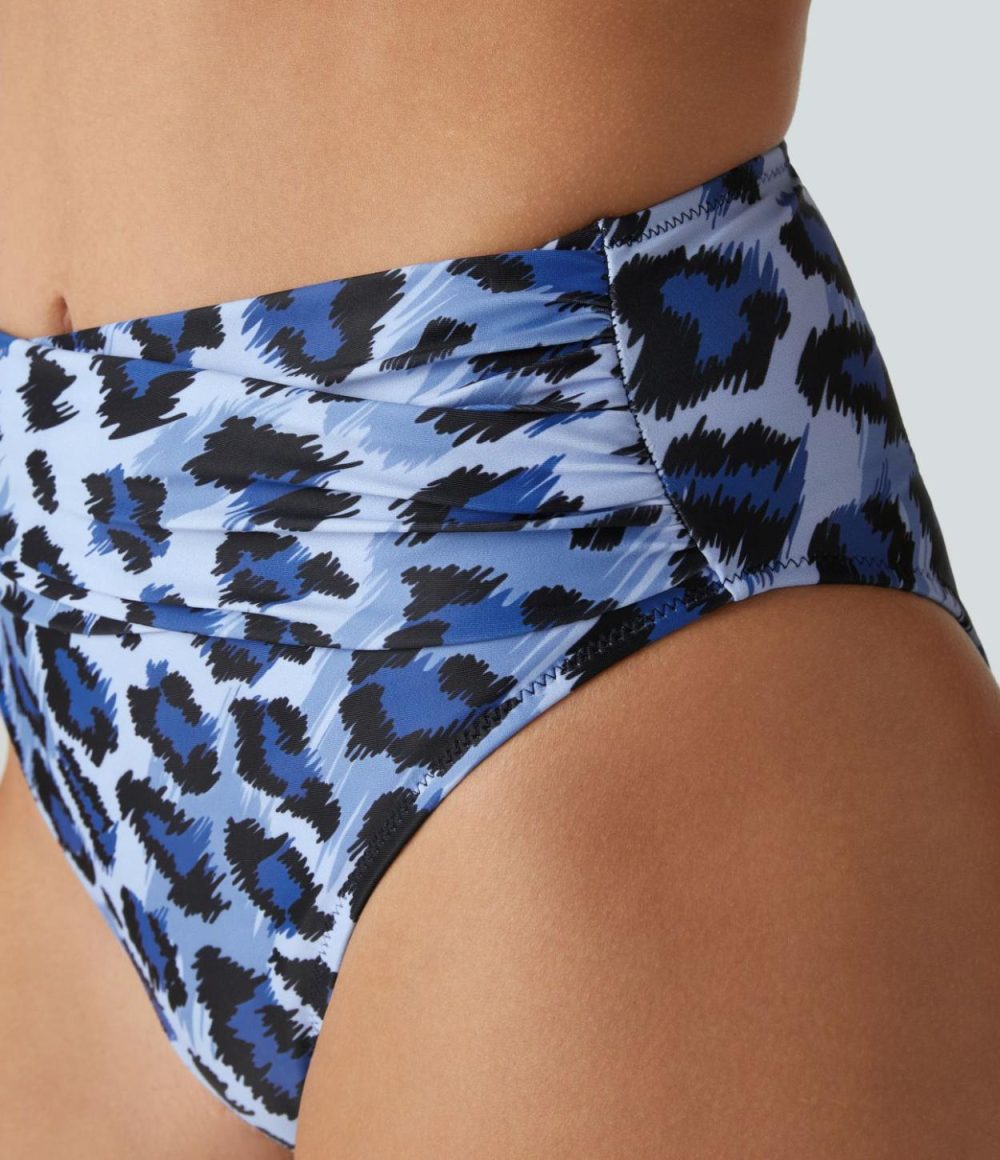 Crossover Waist Ruched Leopard Print Bikini Bottom Swimsuit  | Womens  Swimwear Bottoms Clothing Ash Blue Leopard/Black