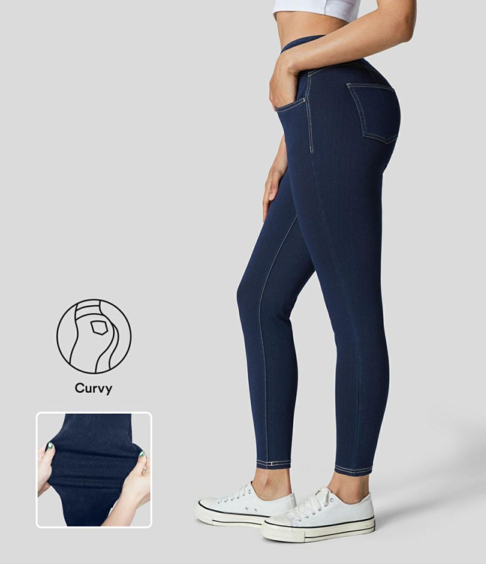 Curvy High Waisted Decorative Button Multiple Pockets Stretchy Knit Denim Casual 7/8 Leggings  | Womens  Jeans Clothing Denim Shorts