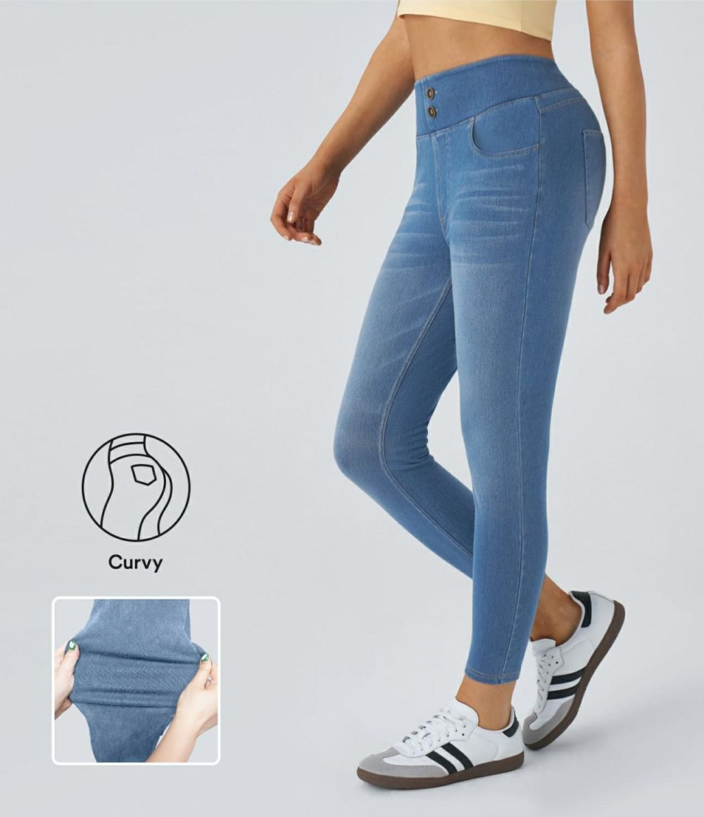 Curvy High Waisted Decorative Button Multiple Pockets Washed Stretchy Knit Casual 7/8 Jeans  | Womens  Denim Shorts Clothing Bright Blue Denim/Black Iron Gray Denim/Blue Gray Denim