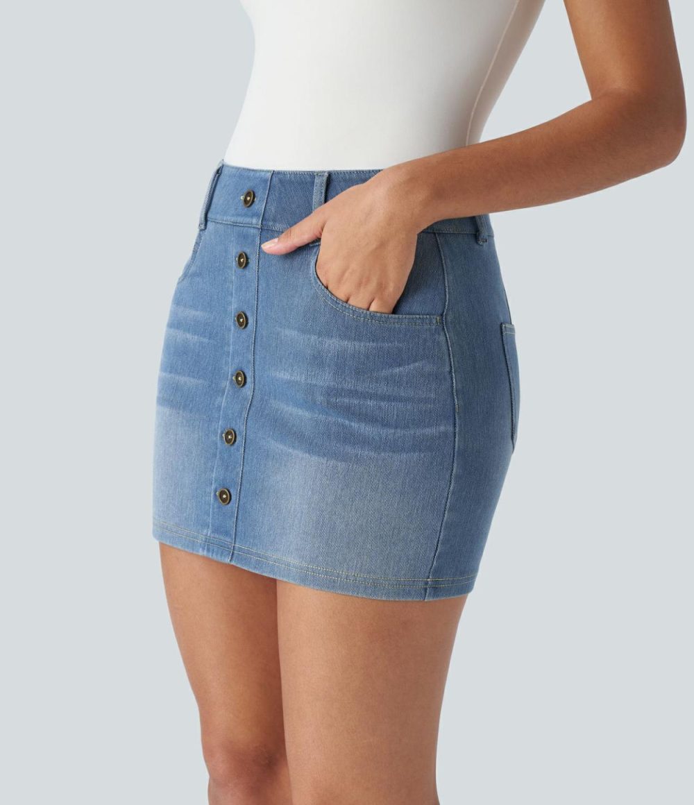 Curvy High Waisted Multiple Pockets Decorative Button Bodycon Mini Washed Stretchy Knit Denim Casual Skirt  | Womens  Jeans Clothing Denim Shorts