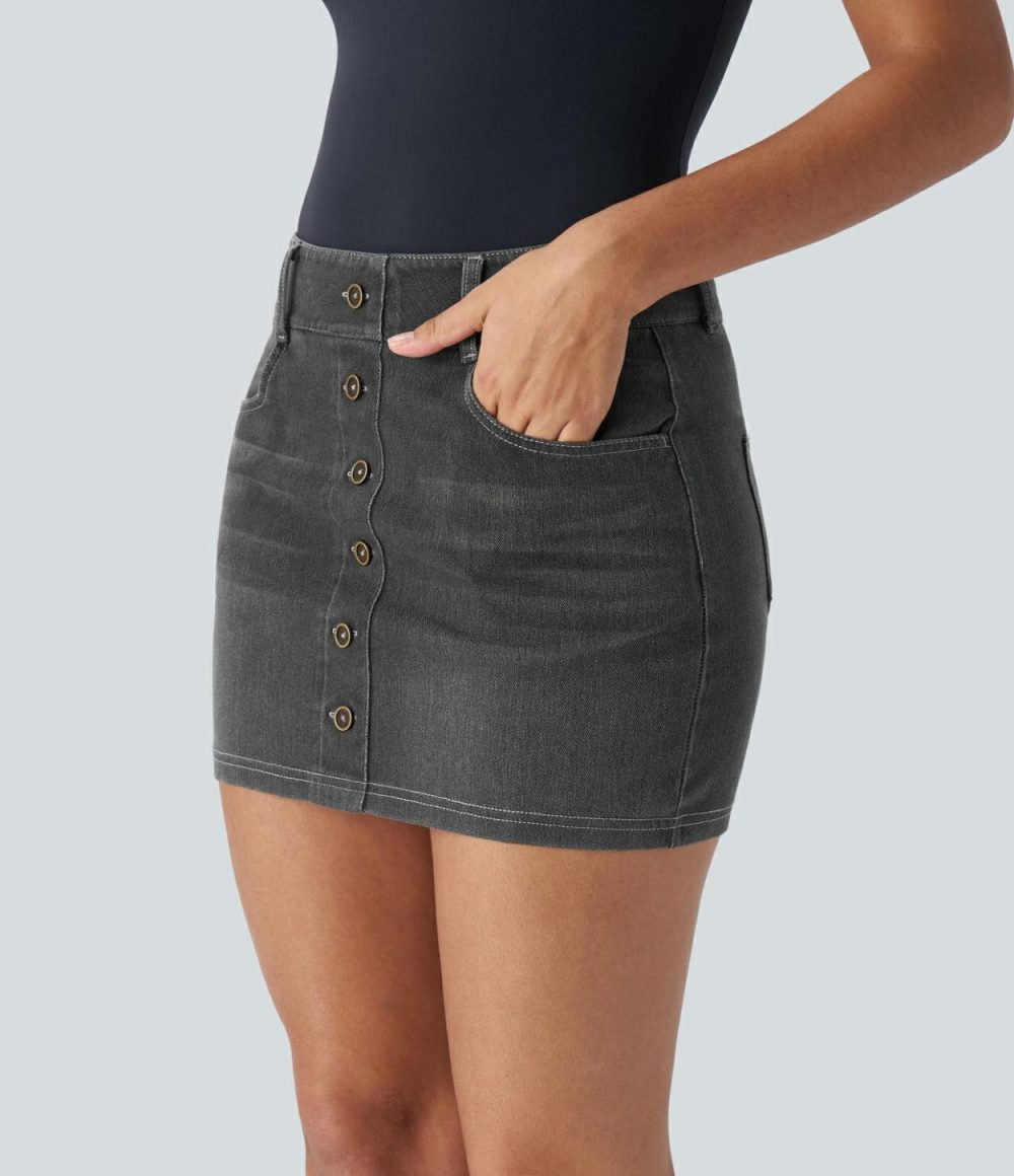 Curvy High Waisted Multiple Pockets Decorative Button Bodycon Mini Washed Stretchy Knit Denim Casual Skirt  | Womens  Jeans Clothing Denim Shorts