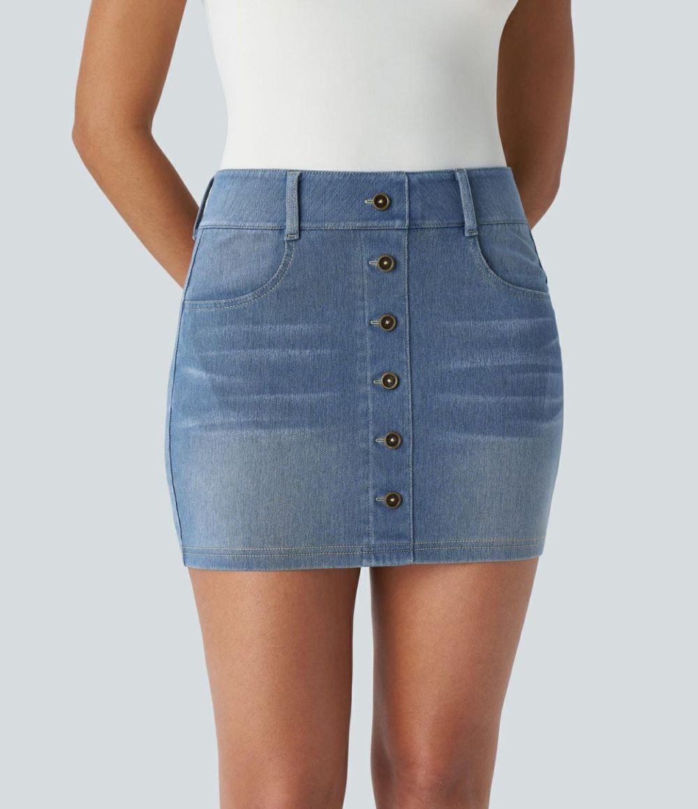 Curvy High Waisted Multiple Pockets Decorative Button Bodycon Mini Washed Stretchy Knit Denim Casual Skirt  | Womens  Jeans Clothing Denim Shorts