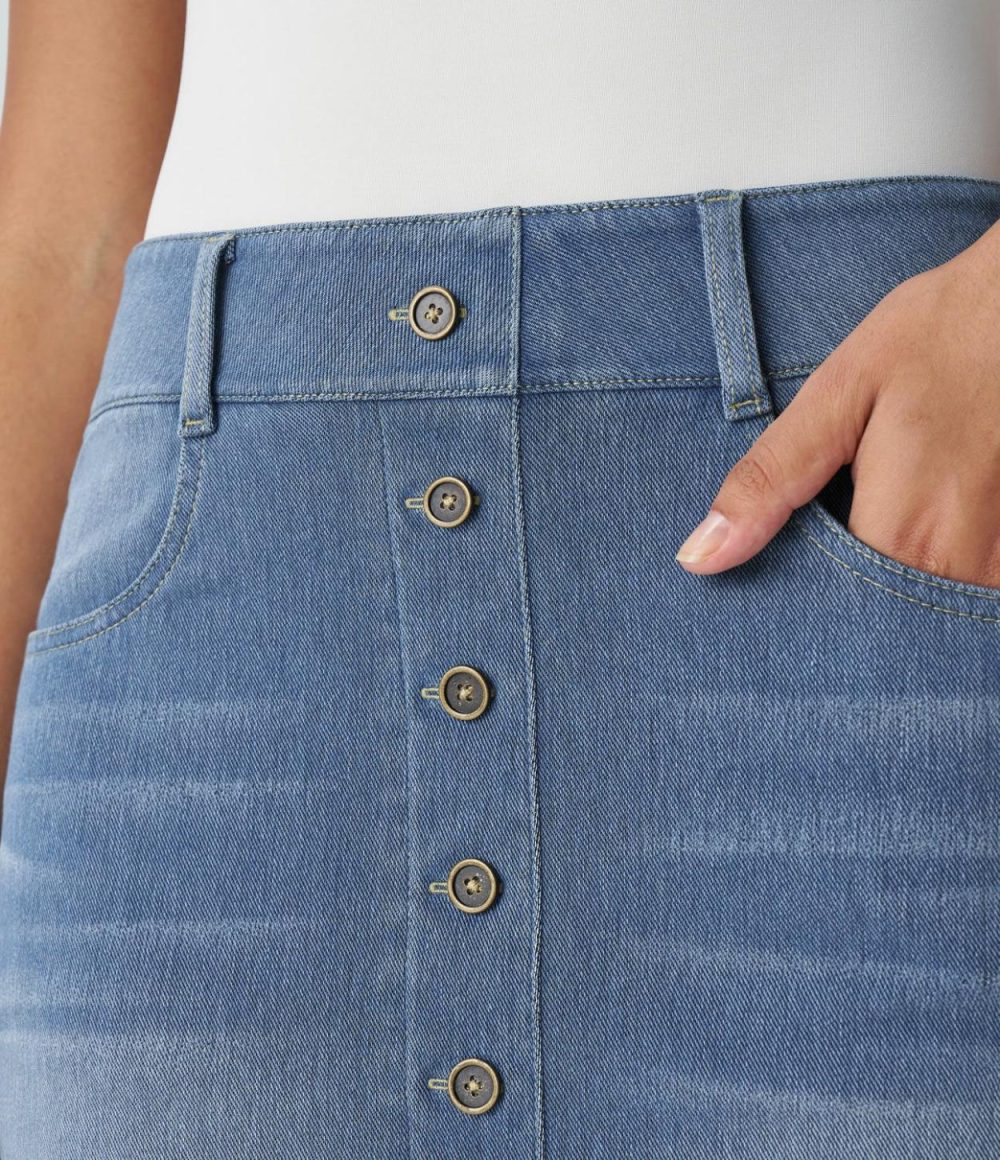 Curvy High Waisted Multiple Pockets Decorative Button Bodycon Mini Washed Stretchy Knit Denim Casual Skirt  | Womens  Jeans Clothing Denim Shorts