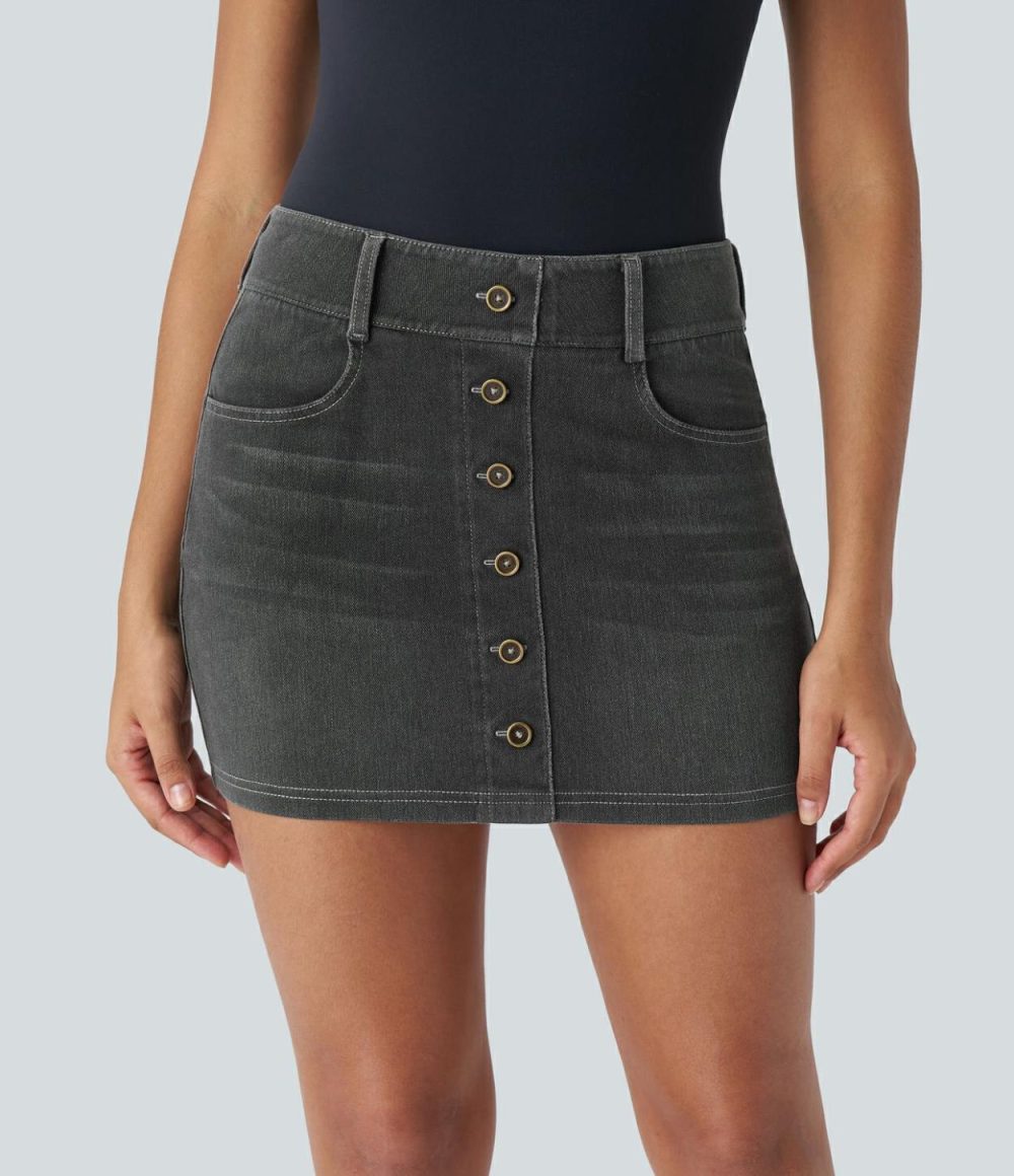 Curvy High Waisted Multiple Pockets Decorative Button Bodycon Mini Washed Stretchy Knit Denim Casual Skirt  | Womens  Jeans Clothing Denim Shorts