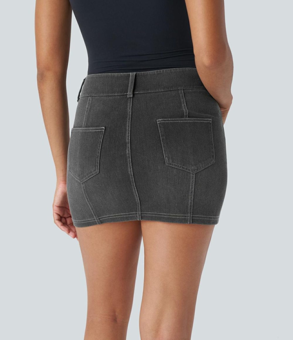 Curvy High Waisted Multiple Pockets Decorative Button Bodycon Mini Washed Stretchy Knit Denim Casual Skirt  | Womens  Jeans Clothing Denim Shorts