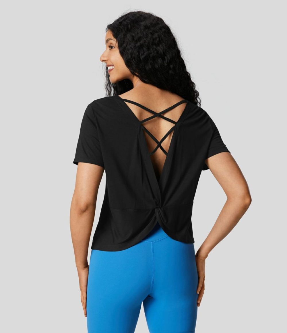 Cut Out Crisscross Twisted Back Short Sleeve Yoga Sports Top  | Womens  Sports Tops Clothing Sports Tops