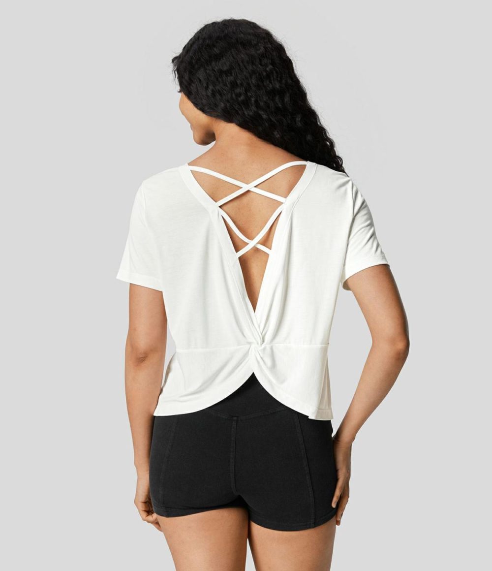 Cut Out Crisscross Twisted Back Short Sleeve Yoga Sports Top  | Womens  Sports Tops Clothing Sports Tops