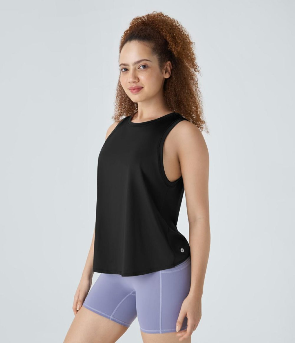 Cut Out Curved Hem Running Tank Top  | Womens  Curved Hem Tops Clothing Almost Aqua/Black