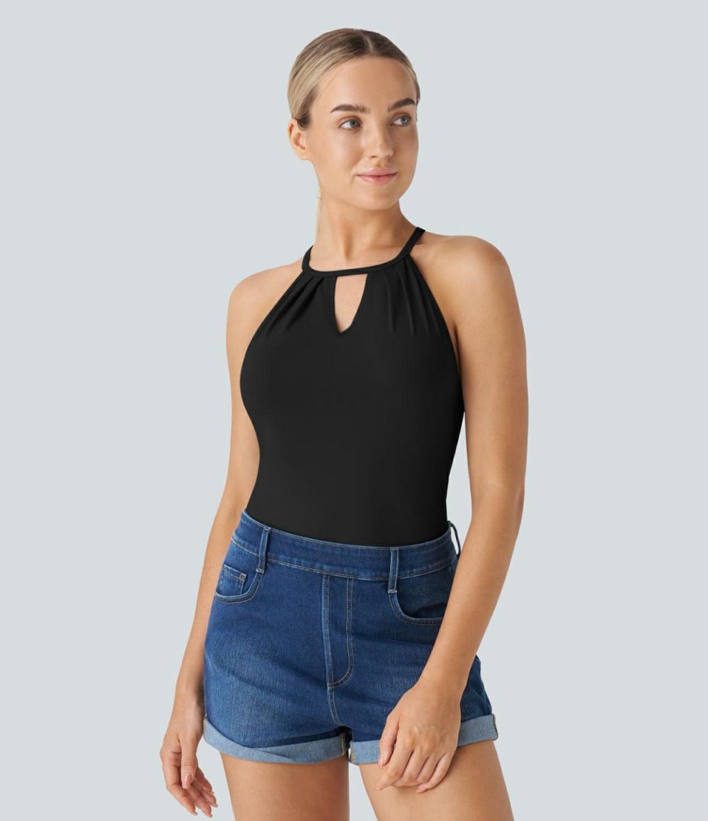 Cut Out Plicated Cool Touch Casual Cami Top-UPF50+  | Womens  T-Shirts Clothing Blue Fog/Black