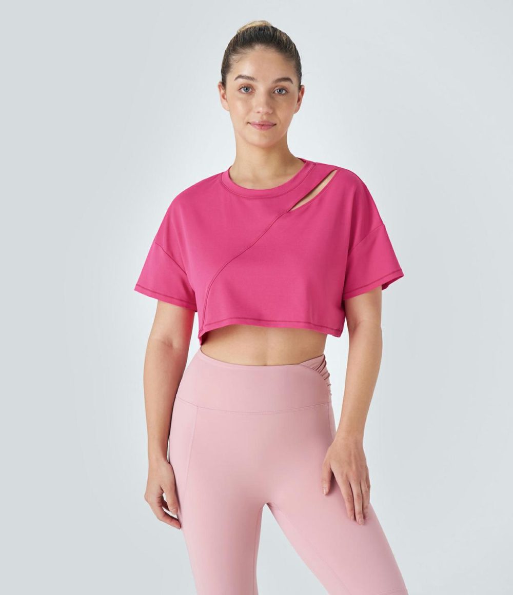 Cut Out Top-stitching Cropped Dance Sports Top  | Womens  Sports Tops Clothing Innuendo/Black