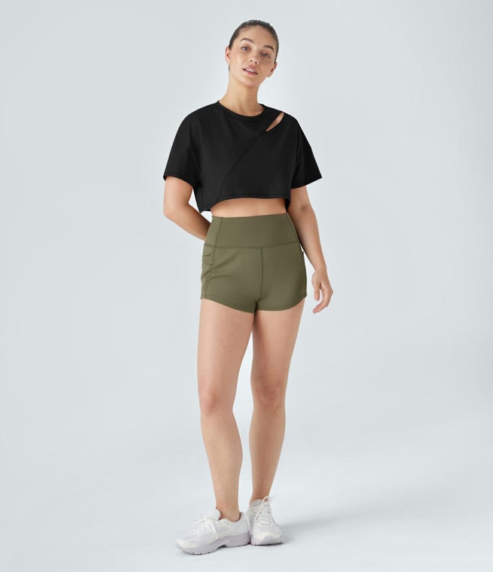 Cut Out Top-stitching Cropped Dance Sports Top  | Womens  Sports Tops Clothing Innuendo/Black