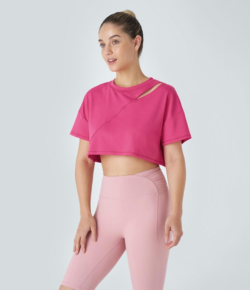 Cut Out Top-stitching Cropped Dance Sports Top  | Womens  Sports Tops Clothing Innuendo/Black