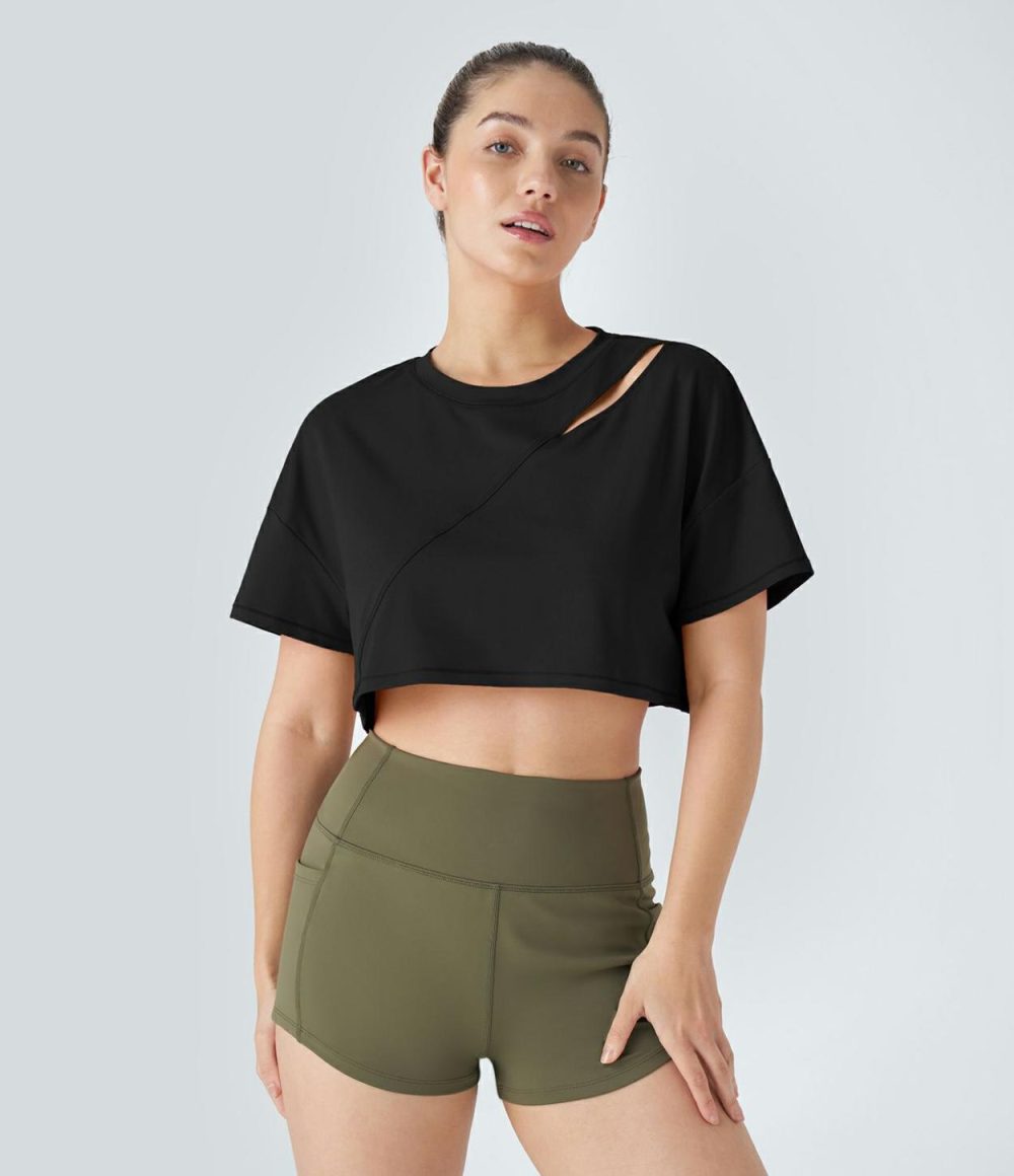 Cut Out Top-stitching Cropped Dance Sports Top  | Womens  Sports Tops Clothing Innuendo/Black