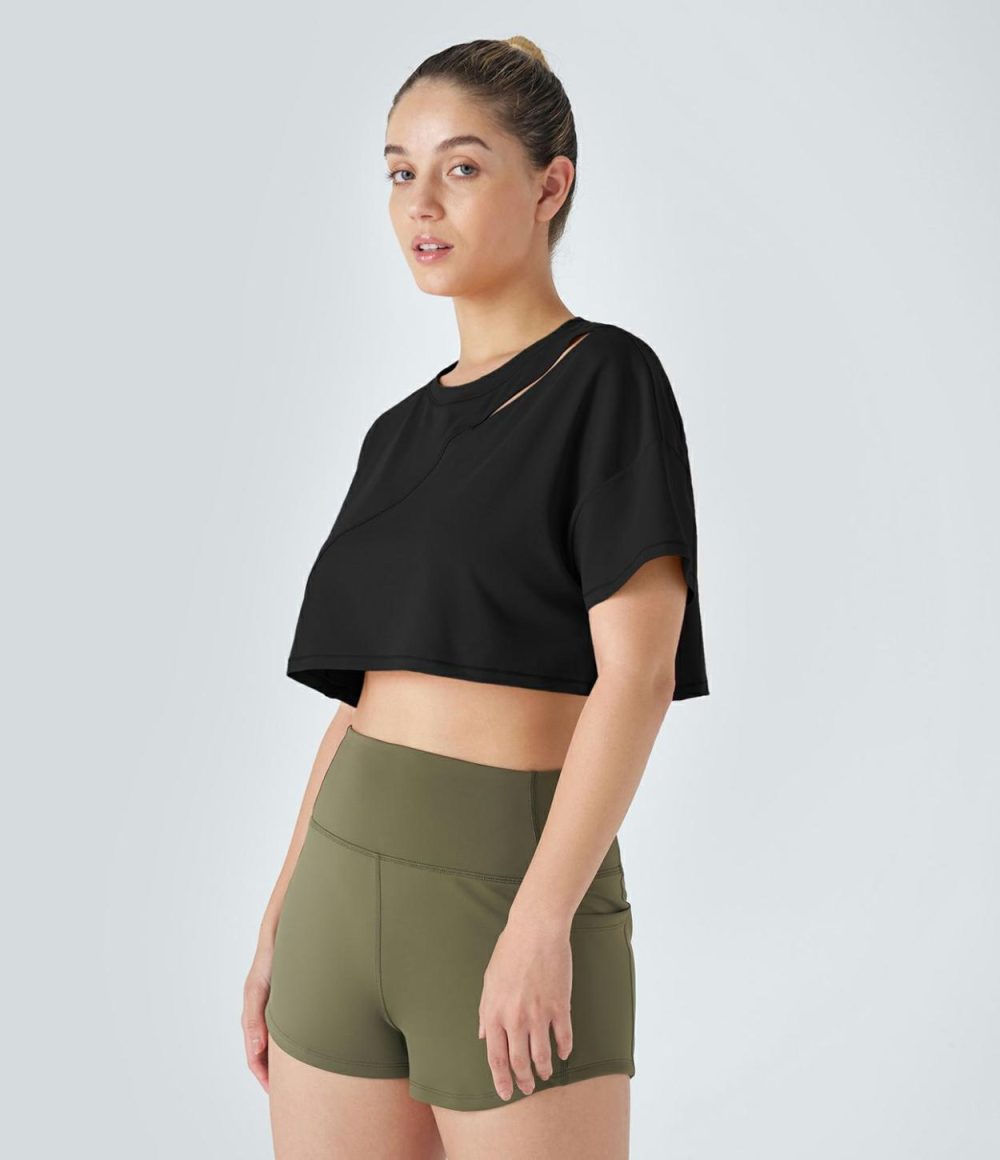 Cut Out Top-stitching Cropped Dance Sports Top  | Womens  Sports Tops Clothing Innuendo/Black