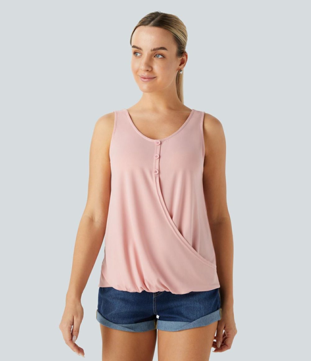 Decorative Button Crossover Hem Solid Casual Tank Top  | Womens  T-Shirts Clothing Powder Pink/Black