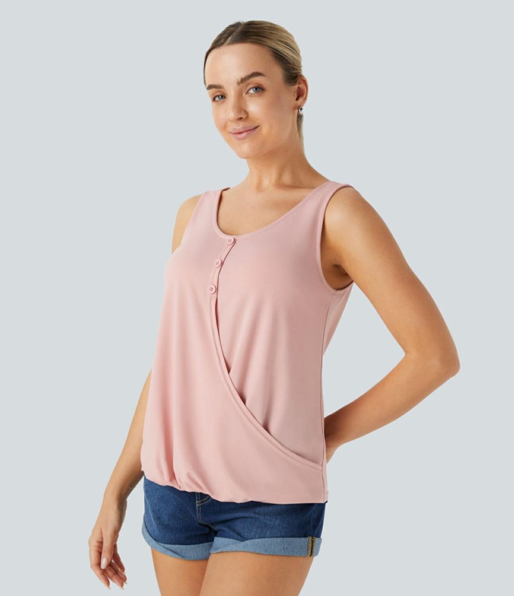 Decorative Button Crossover Hem Solid Casual Tank Top  | Womens  T-Shirts Clothing Powder Pink/Black