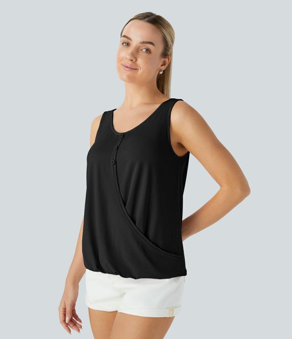 Decorative Button Crossover Hem Solid Casual Tank Top  | Womens  T-Shirts Clothing Powder Pink/Black