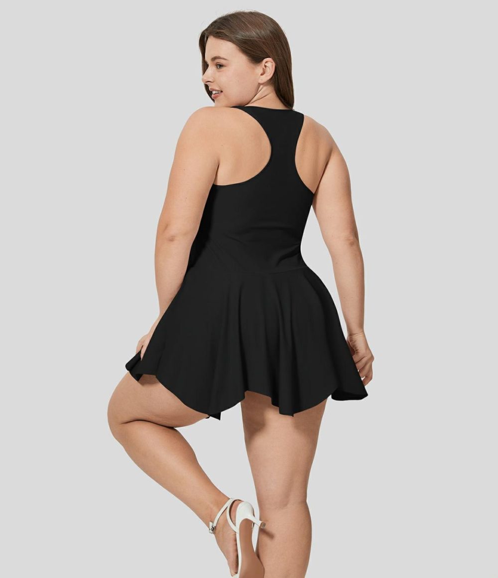 Deep V Neck Backless Racerback Sleeveless 2-in-1 Side Pocket Mini Casual Plus Size Dress  | Womens  Mini Dresses Clothing Mini Dresses