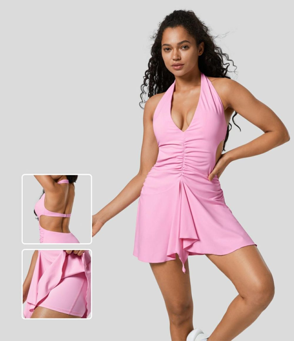 Deep V Neck Halter Backless G-Hook Ruched 2-in-1 Mini Yoga Active Dress  | Womens  Active Dresses Active Dresses Active Dresses