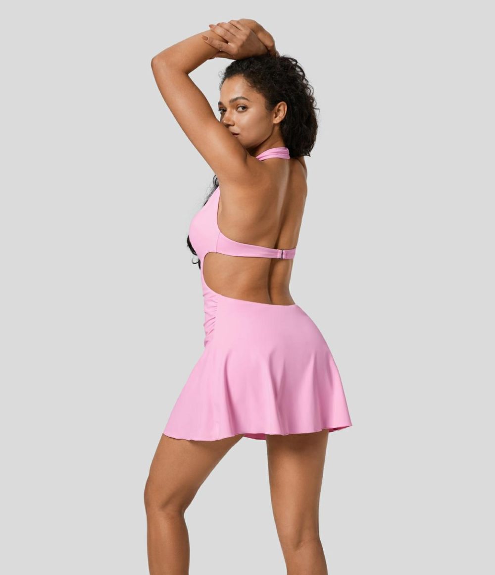 Deep V Neck Halter Backless G-Hook Ruched 2-in-1 Mini Yoga Active Dress  | Womens  Active Dresses Active Dresses Active Dresses