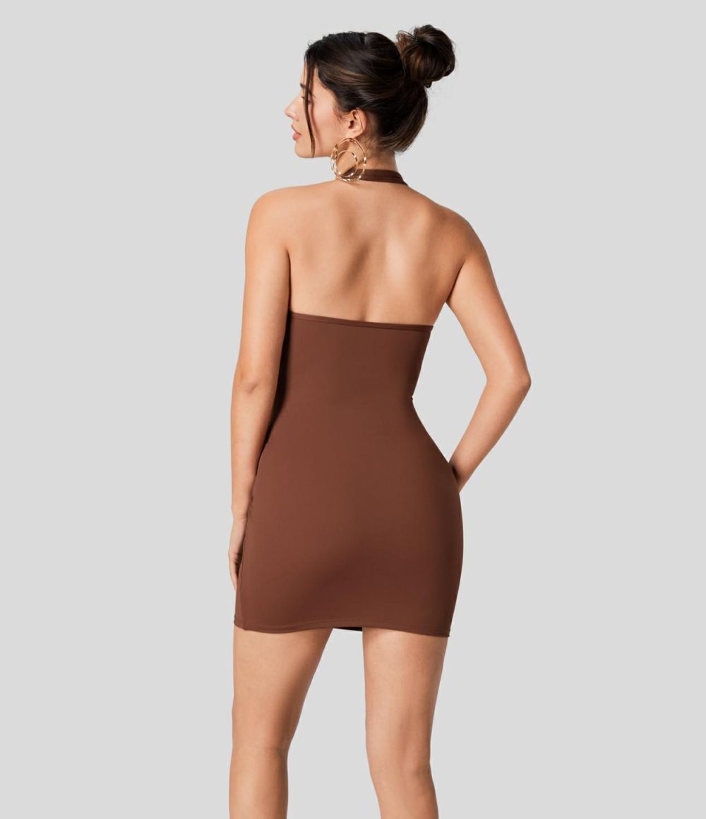 Deep V Neck Halter Backless Ruched Bodycon Mini Casual Dress  | Womens  Mini Dresses Clothing Brandy Brown/Black