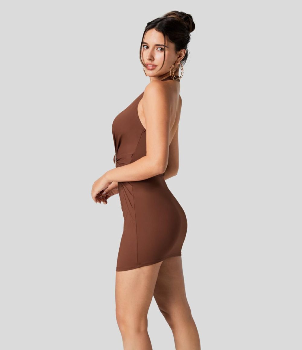 Deep V Neck Halter Backless Ruched Bodycon Mini Casual Dress  | Womens  Mini Dresses Clothing Brandy Brown/Black