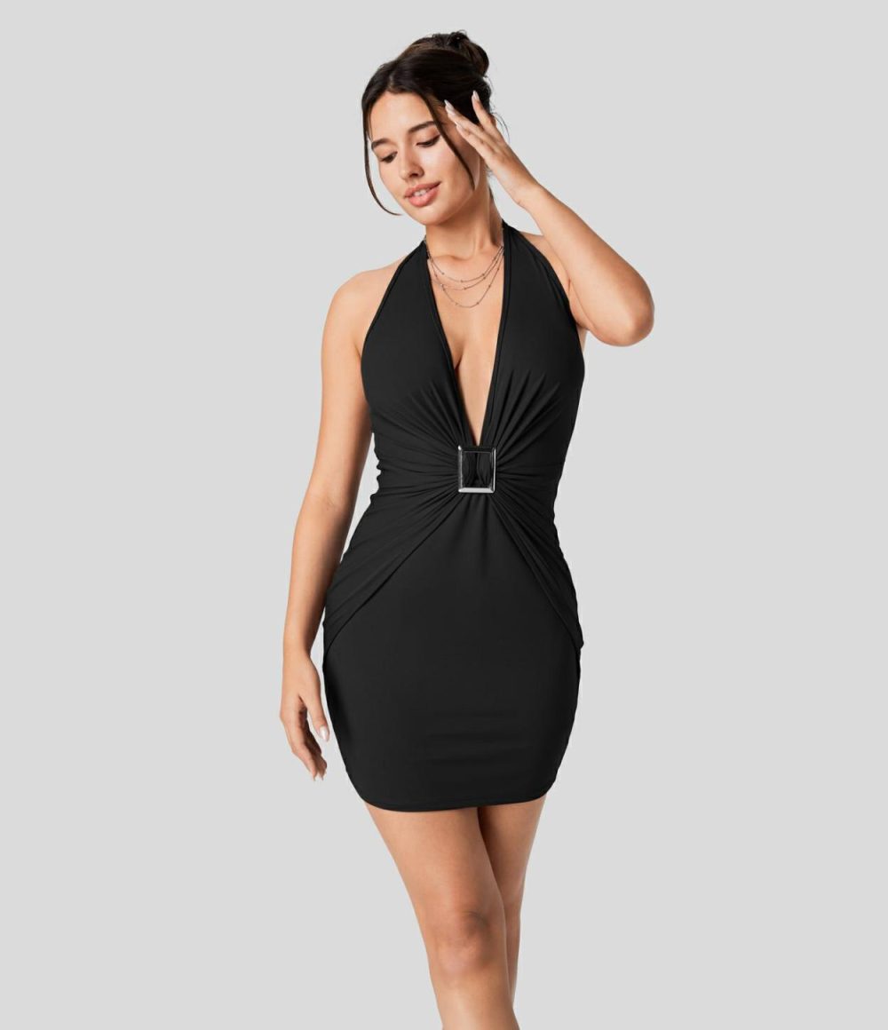 Deep V Neck Halter Backless Ruched Bodycon Mini Casual Dress  | Womens  Mini Dresses Clothing Brandy Brown/Black