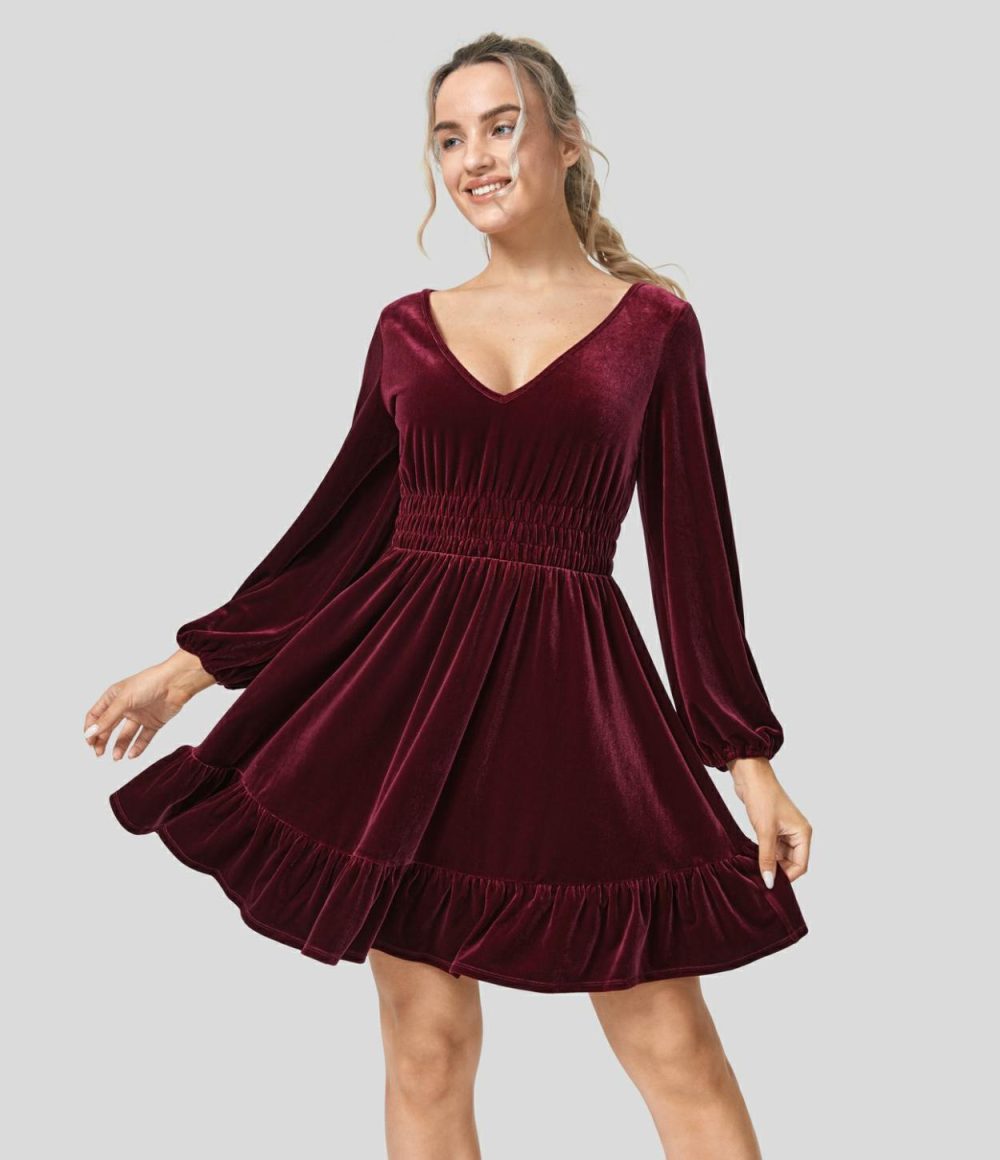 Deep V Neck Long Sleeve Shirred Ruffle Hem Velvet Mini Casual Dress  | Womens  Mini Dresses Clothing Mini Dresses