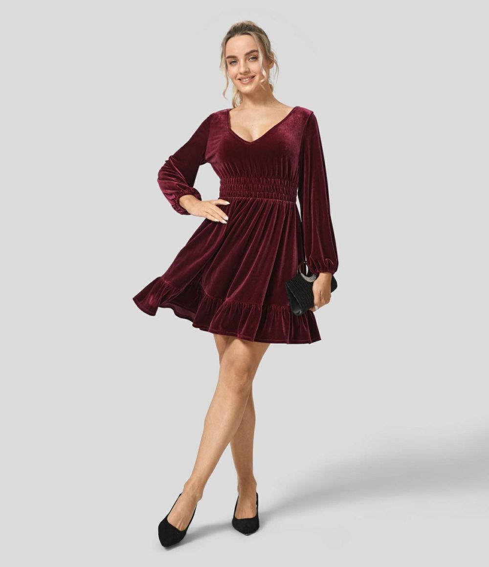 Deep V Neck Long Sleeve Shirred Ruffle Hem Velvet Mini Casual Dress  | Womens  Mini Dresses Clothing Mini Dresses