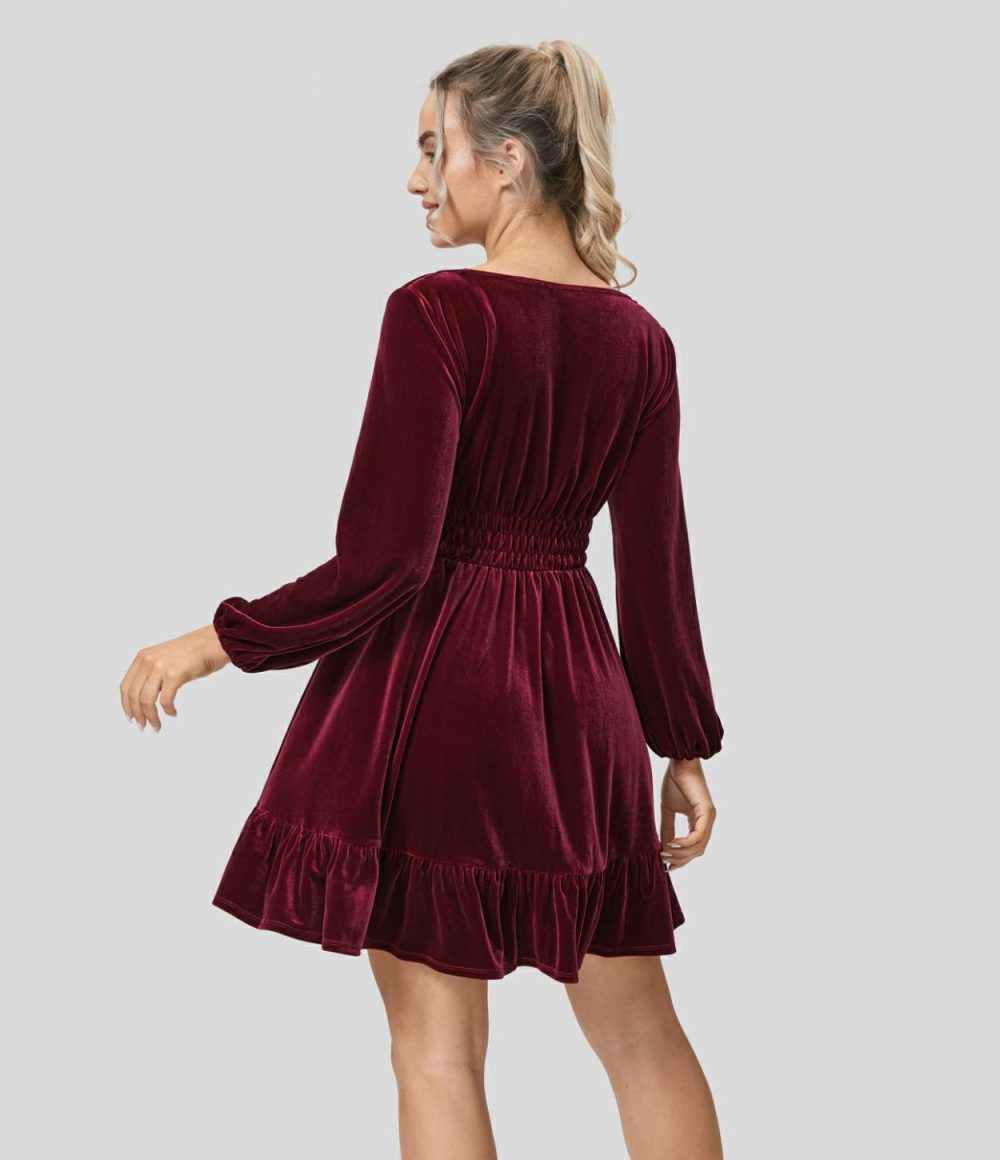 Deep V Neck Long Sleeve Shirred Ruffle Hem Velvet Mini Casual Dress  | Womens  Mini Dresses Clothing Mini Dresses