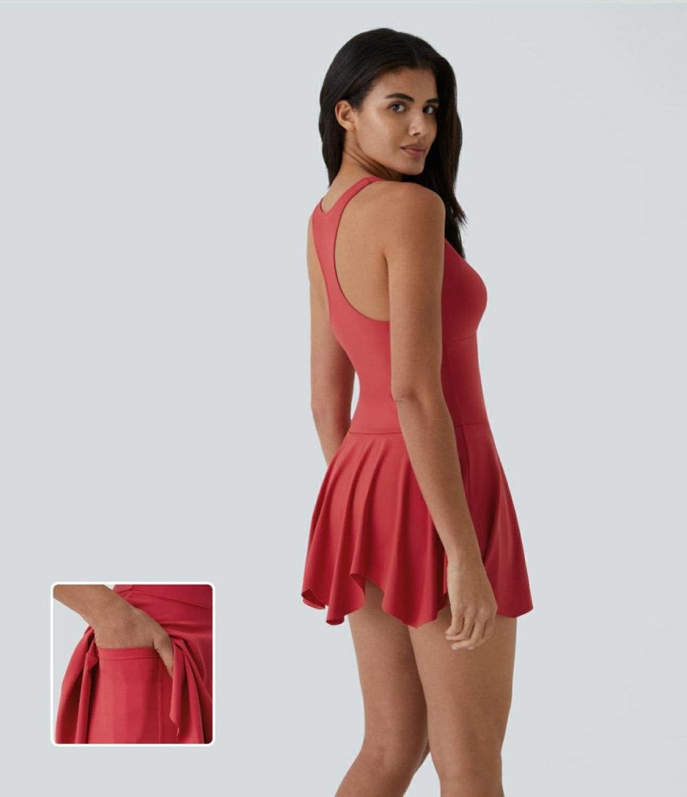 Deep V Neck Racerback 2-in-1 Side Pocket Flare Mini Casual Dress  | Womens  Active Dresses Active Dresses Active Dresses