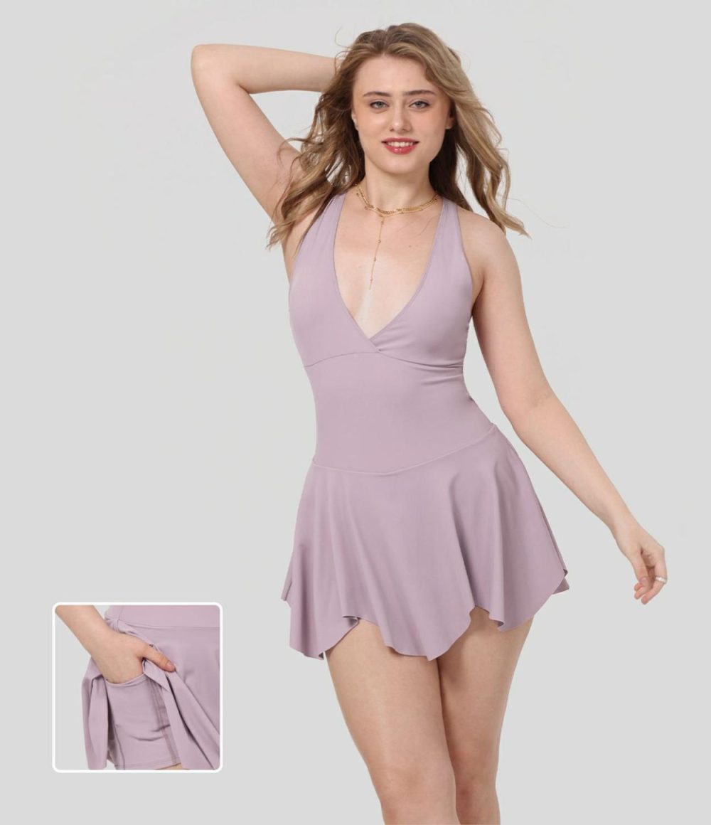 Deep V Neck Racerback 2-in-1 Side Pocket Flare Mini Casual Dress  | Womens  Active Dresses Active Dresses Active Dresses