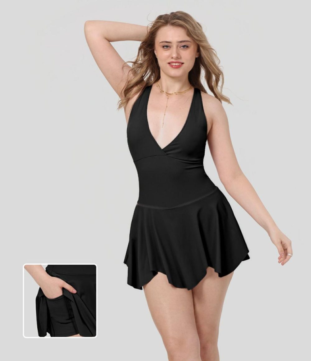 Deep V Neck Racerback 2-in-1 Side Pocket Flare Mini Casual Dress  | Womens  Active Dresses Active Dresses Active Dresses