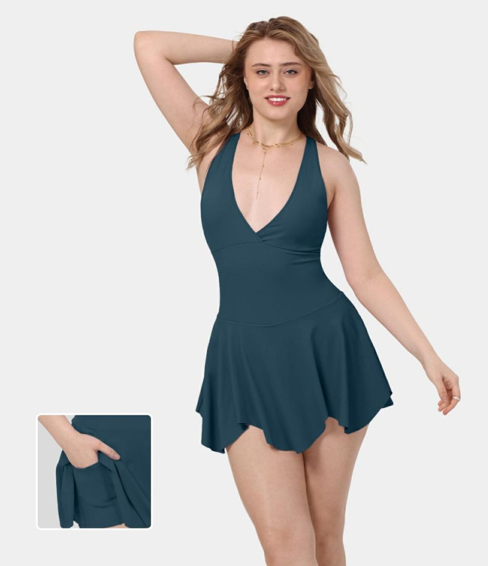 Deep V Neck Racerback 2-in-1 Side Pocket Flare Mini Casual Dress  | Womens  Active Dresses Active Dresses Active Dresses