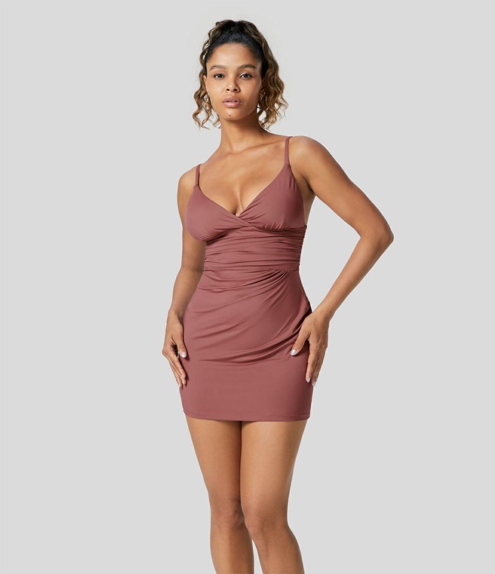 Deep V Neck Ruched Adjustable Strap Backless Cut Out Bodycon Mini Party Dress  | Womens  Mini Dresses Clothing Light Rose Red/Tap Shoe