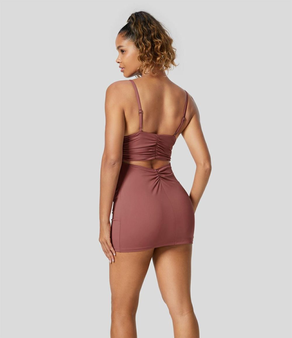 Deep V Neck Ruched Adjustable Strap Backless Cut Out Bodycon Mini Party Dress  | Womens  Mini Dresses Clothing Light Rose Red/Tap Shoe