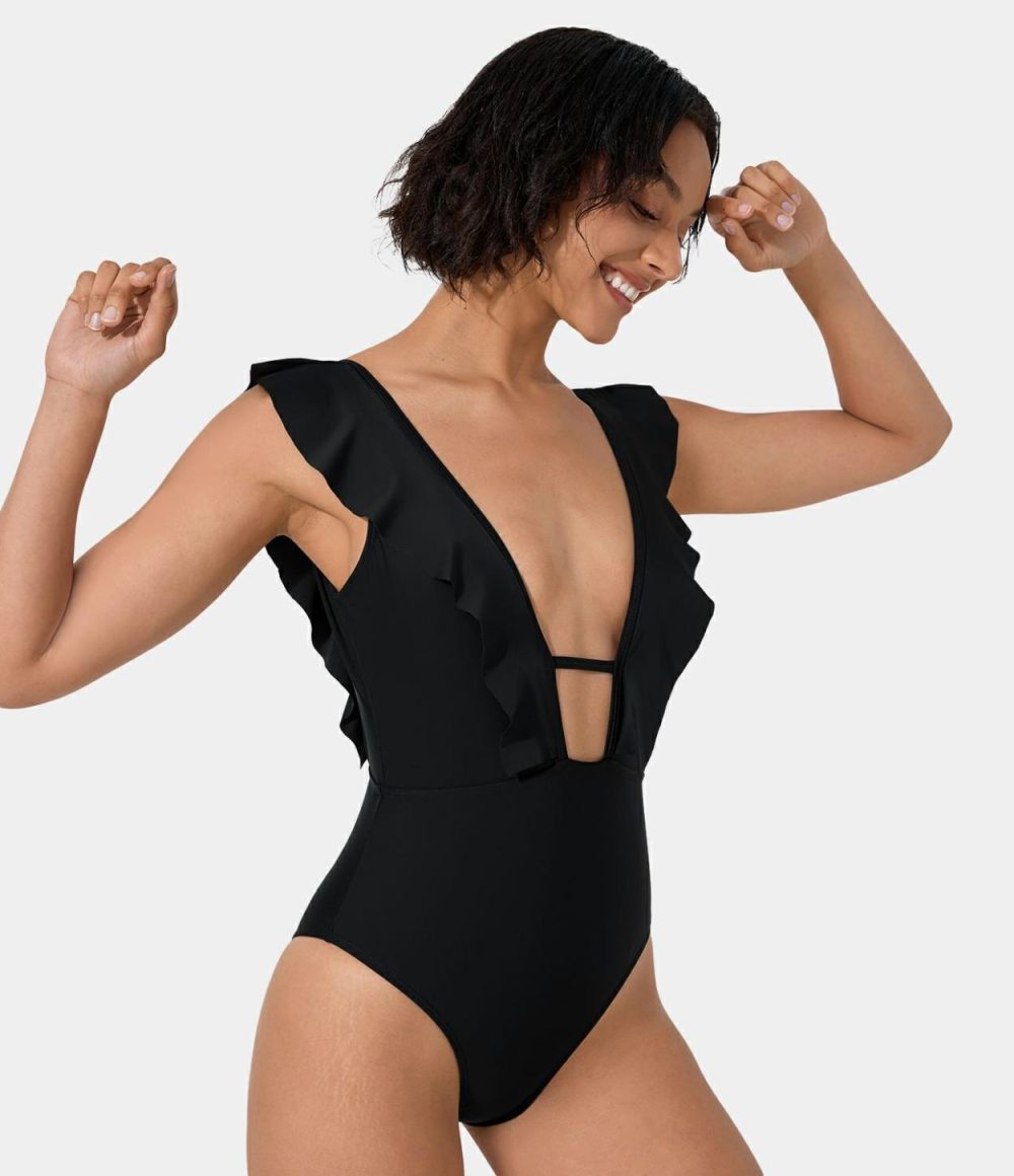 Deep V Neck Ruffle Backless One Piece Swimsuit  | Womens  Swimwear Sets Clothing Black/Blue Curacao