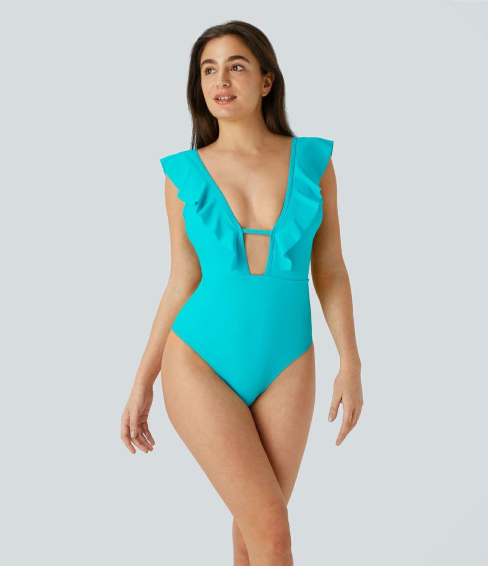 Deep V Neck Ruffle Backless One Piece Swimsuit  | Womens  Swimwear Sets Clothing Black/Blue Curacao