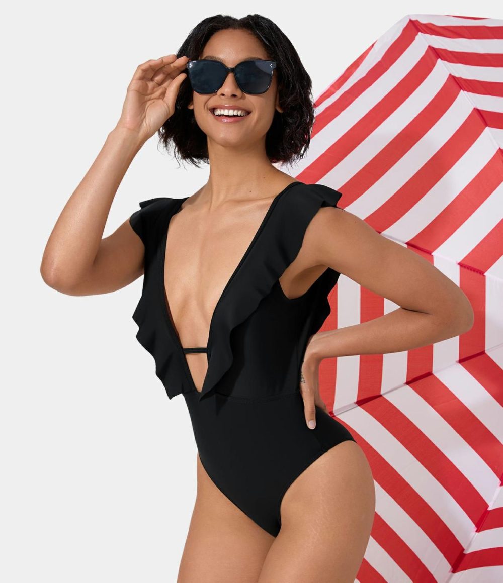 Deep V Neck Ruffle Backless One Piece Swimsuit  | Womens  Swimwear Sets Clothing Black/Blue Curacao