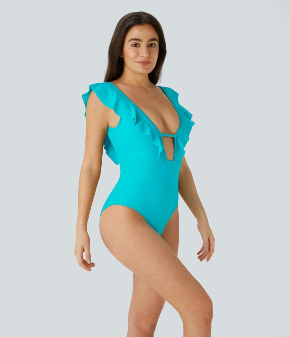 Deep V Neck Ruffle Backless One Piece Swimsuit  | Womens  Swimwear Sets Clothing Black/Blue Curacao