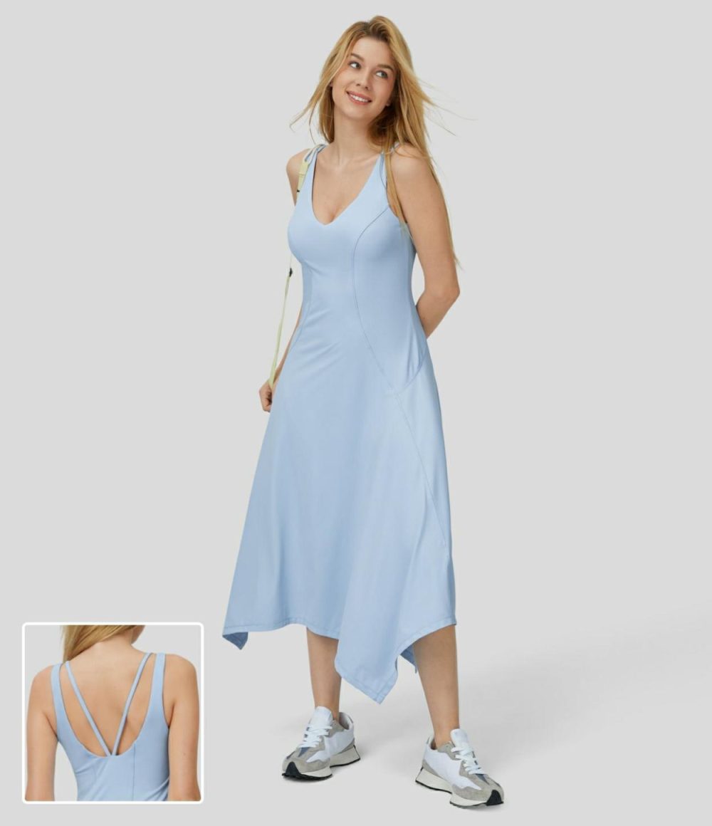 Deep V Neck Sleeveless Backless Asymmetric Hem Flowy Midi Casual Dress  | Womens  Active Dresses Active Dresses Active Dresses