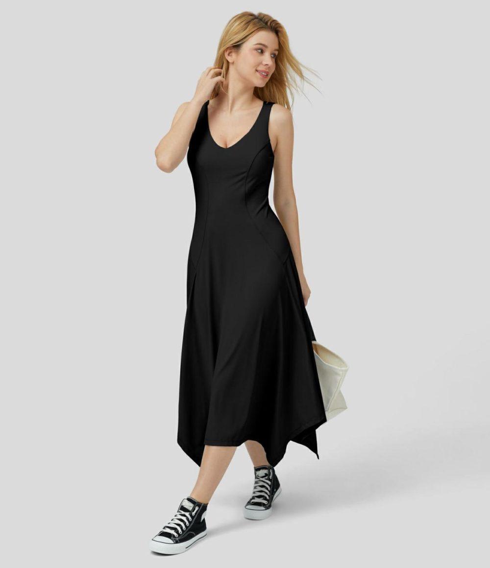 Deep V Neck Sleeveless Backless Asymmetric Hem Flowy Midi Casual Dress  | Womens  Active Dresses Active Dresses Active Dresses