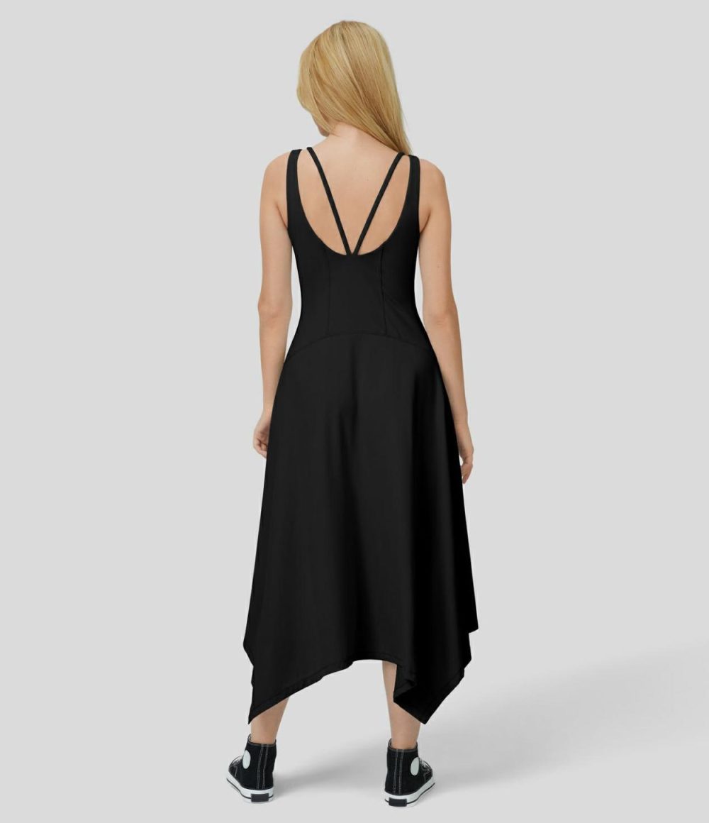 Deep V Neck Sleeveless Backless Asymmetric Hem Flowy Midi Casual Dress  | Womens  Active Dresses Active Dresses Active Dresses