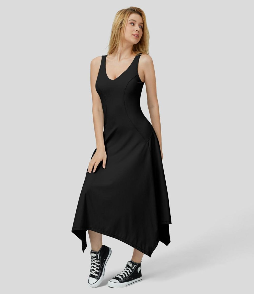 Deep V Neck Sleeveless Backless Asymmetric Hem Flowy Midi Casual Dress  | Womens  Active Dresses Active Dresses Active Dresses